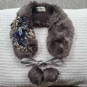 Soft Grey, faux fur neck warmer. With stones and embroidery. NWOT. beautiful tie